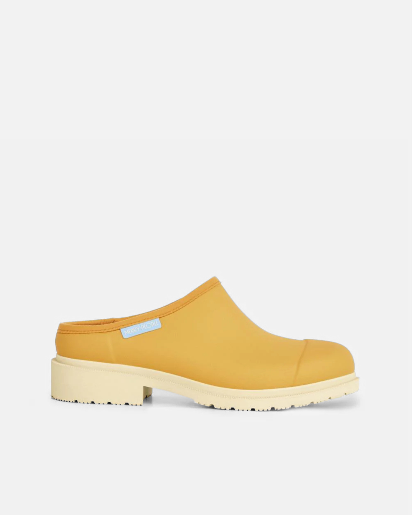 Yellow neoprene slide with off-white rubber sole against light grey background 