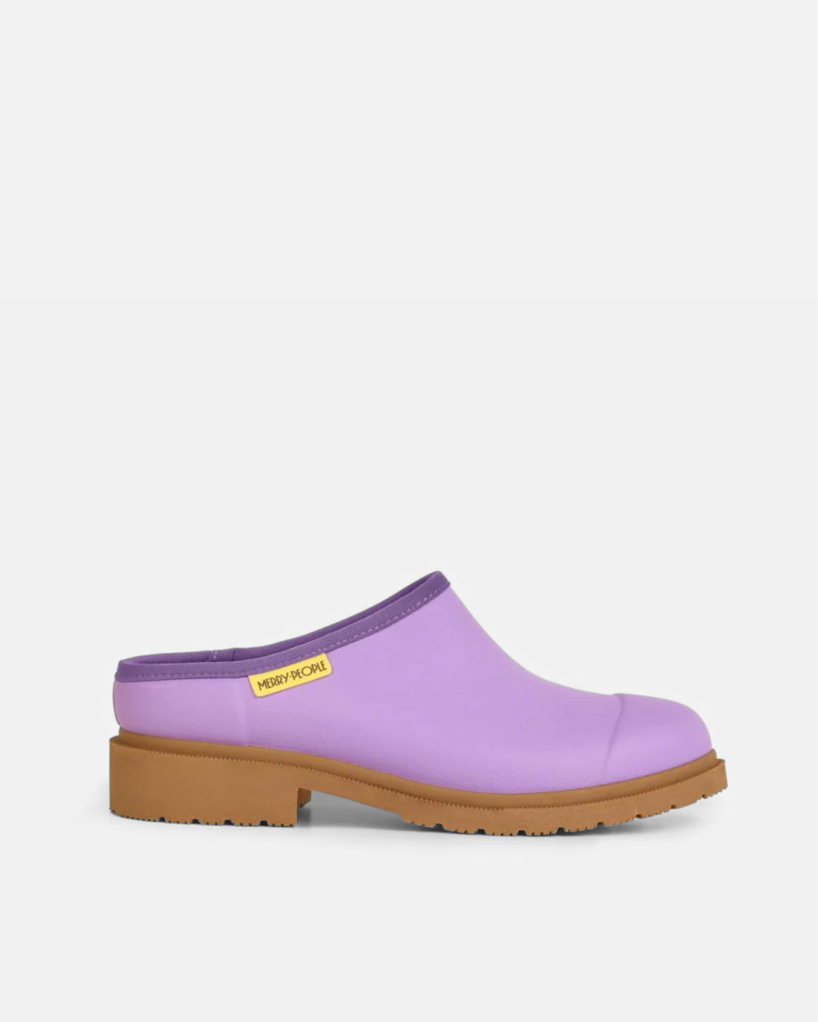 Purple neoprene slide with light brown rubber sole against light grey background