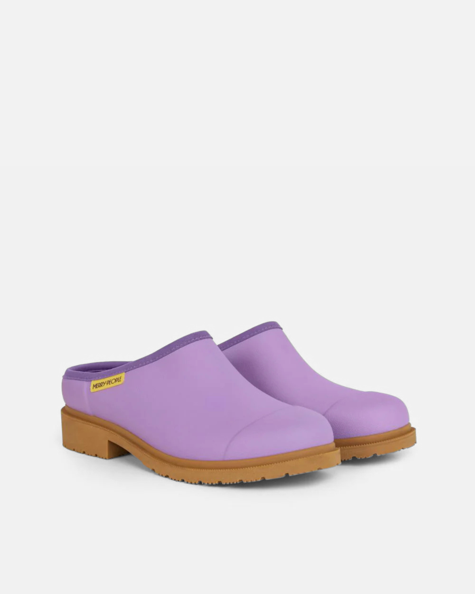 Purple neoprene slide with light brown rubber sole against light grey background
