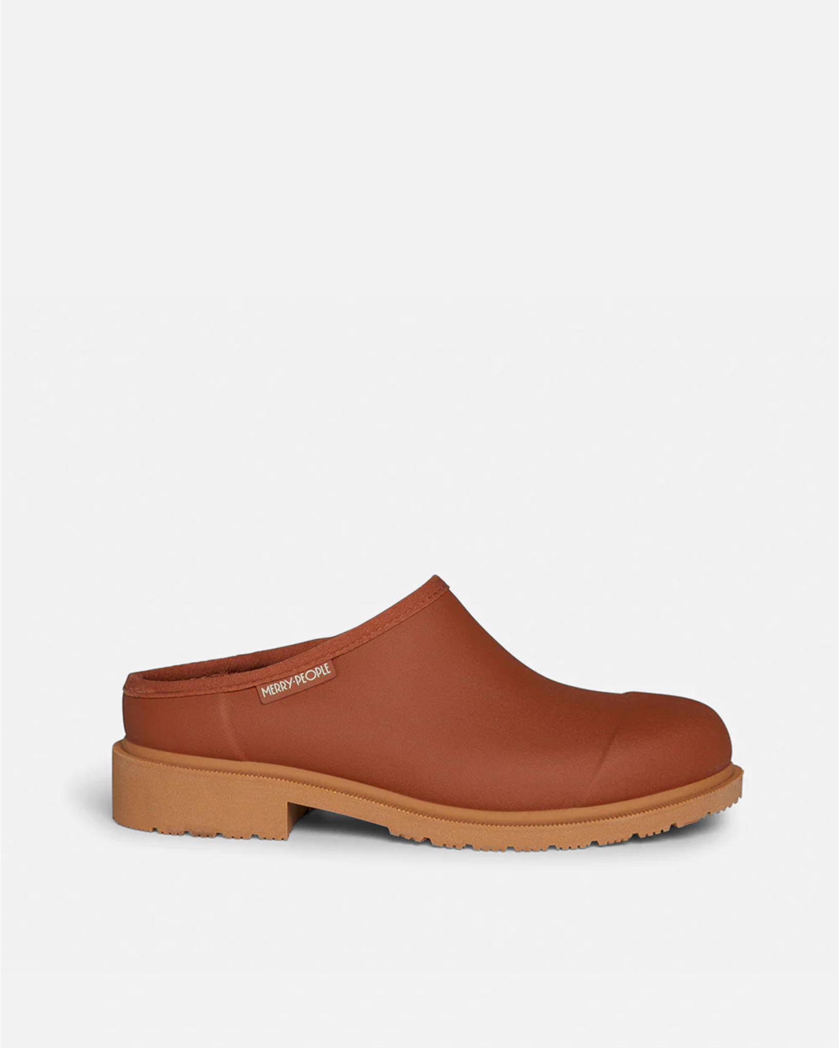 Rust color  neoprene slide with light brown rubber sole against light grey background