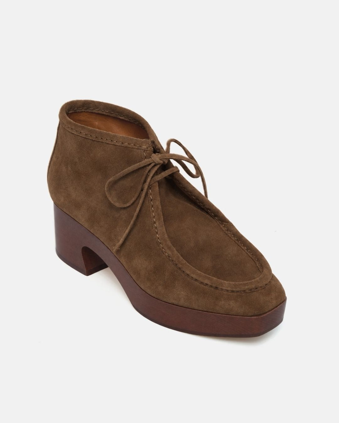 Coclico Quiterie Clog Boot in Cowgirl split suede, angled view of the lace up moc toe and mahogany clog platform