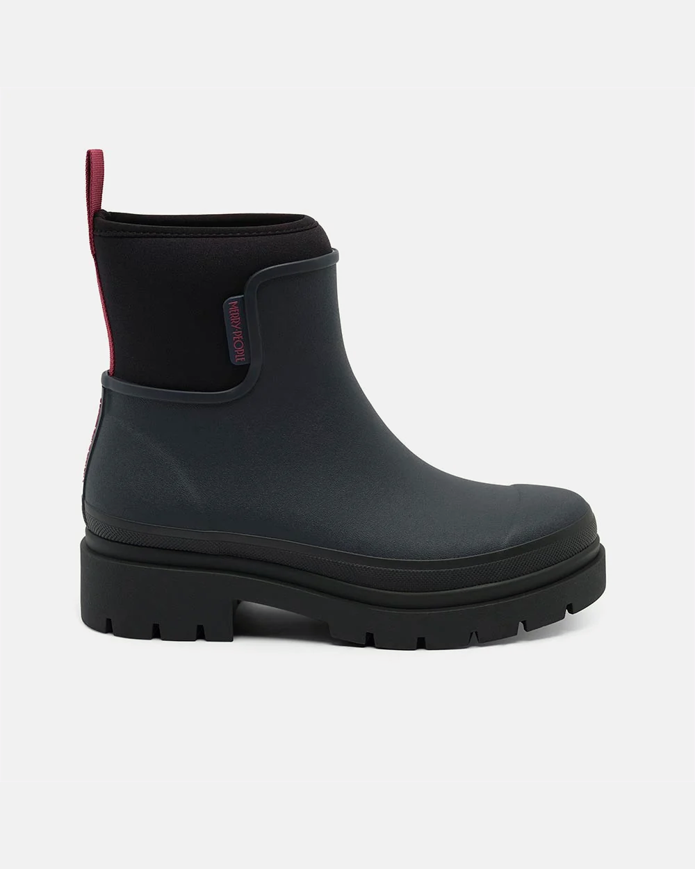 Navy rubber ankle rain boot with black neoprene cuff, berry pull tab and black platform lug sole, side view