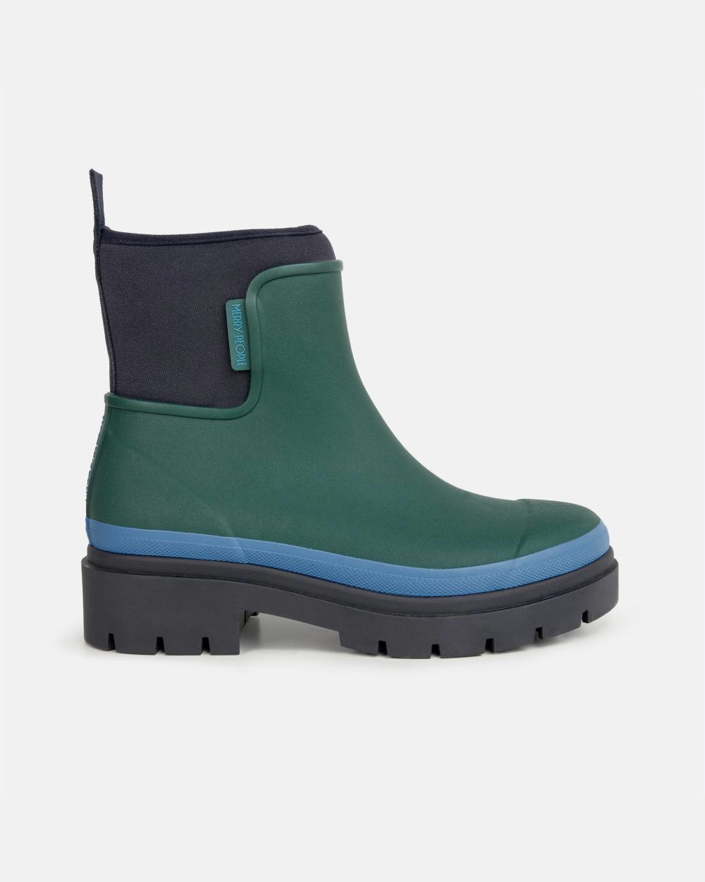 Dark green rubber ankle rain boot with blue midsole stripe and navy neoprene cuff, side view