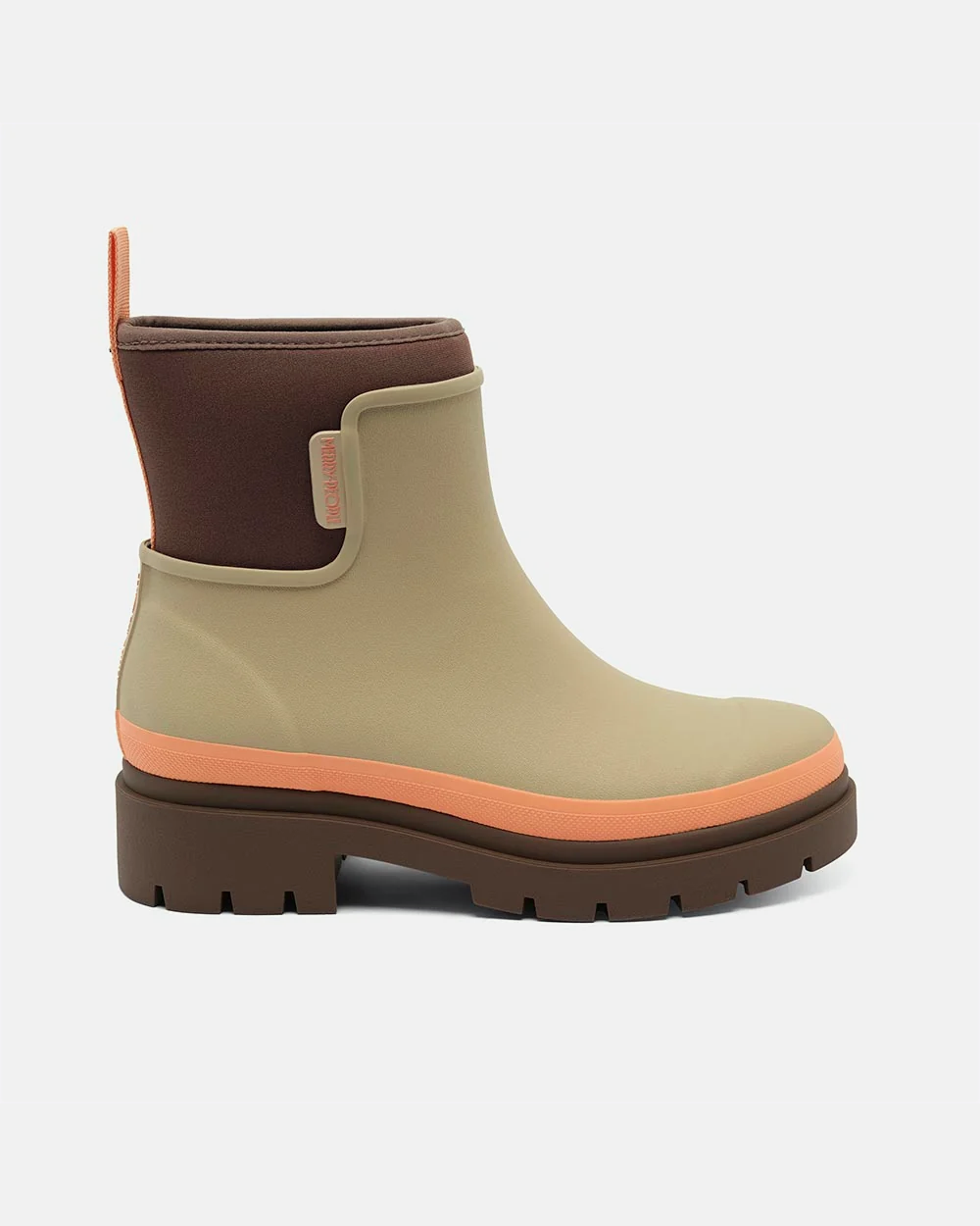 Sage taupe rubber ankle rain boot with apricot midsole stripe, brown neoprene cuff and brown platform lug sole, side view