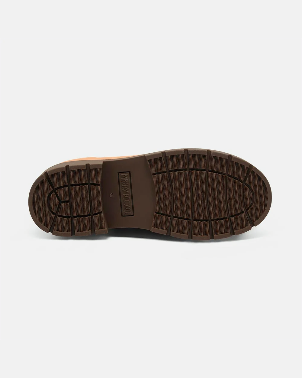 Treaded brown rubber platform sole of the Tully rain boot