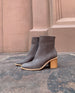 Coclico Babe Boot in Fog nubuck a mid-height solid wood block heel, round toe, inside zip closure - outdoor, side view.  4