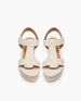 Top view of Coclico Ally Clog in Greige (off-white) leather: Open t-strap sandal on a wood wedge platform. Velcro closure. 3