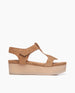 Side view of Coclico Ally Clog in Tobacco suede: Open t-strap sandal on a wood wedge platform. Velcro closure. 1