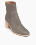The Coclico Babe Boot in Fog nubuck, is a mid-height wood block heel, round toe, inside zip closure - angle view.  2