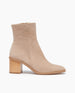Coclico Babe Boot in Latte nubuck, side view  : mid-height wood block heel, round toe, inside zip closure.  1