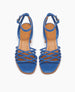 Babs Heel in Blu Estate leather: open sandal with 6 tubular straps across the foot, ankle strap, buckle closure, wood block mid-height heel - top view. 3