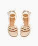 Babs Heel in Champagne shimmer suede: open sandal with 6 tubular straps across the foot, ankle strap, buckle closure, wood block mid-height heel - top view. 3