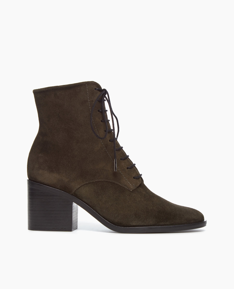 Side view of Coclico Bani Boot in Mimetico suede: lace-up bootie with a natural stacked leather heel and inside zip.