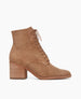 Side view of Coclico Bani Boot in Tobacco suede: lace-up bootie with a natural stacked leather heel and inside zip. 1