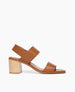 Side view of Coclico Birch Heel in Cuoio leather: quarter strap sandal two straps across foot, elasticated back strap, wood block mid-height heel. 1