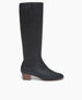 Side view: Coclico Chip Boot in Black nubuck, a knee-high boot with an inside zip closure, elastic goring, seam detailing across arch and a low-height solid wood block heel.     1