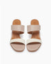 Top view: Coclico Doe Wedge in Greige & Marmo leather: Two-toned slide, asymmetric straps, solid wood mid-height wedge. 4