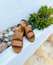 The Coclico Everly woven sandal on a raised bed of suculants.  3