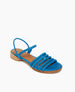 Coclico Emma Sandal in Blu Reale nubuck, angled view: open sandal with 5 padded straps across the foot, elasticated back strap, raised two-part wood and leather sole.  2