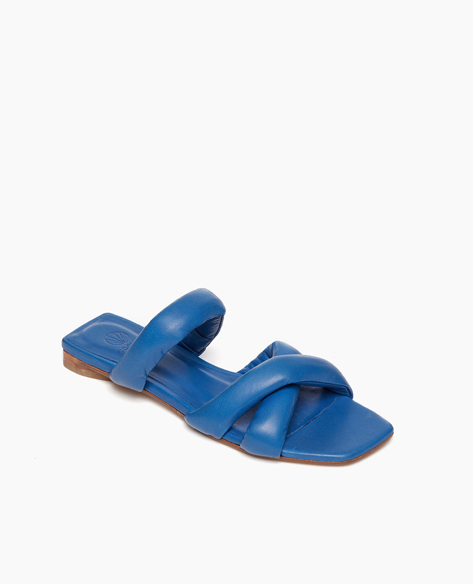 Coclico Fanima Sandal in Blu Estate leather: Slide with tubular padded straps, squared-off toe and heel, flat feel.