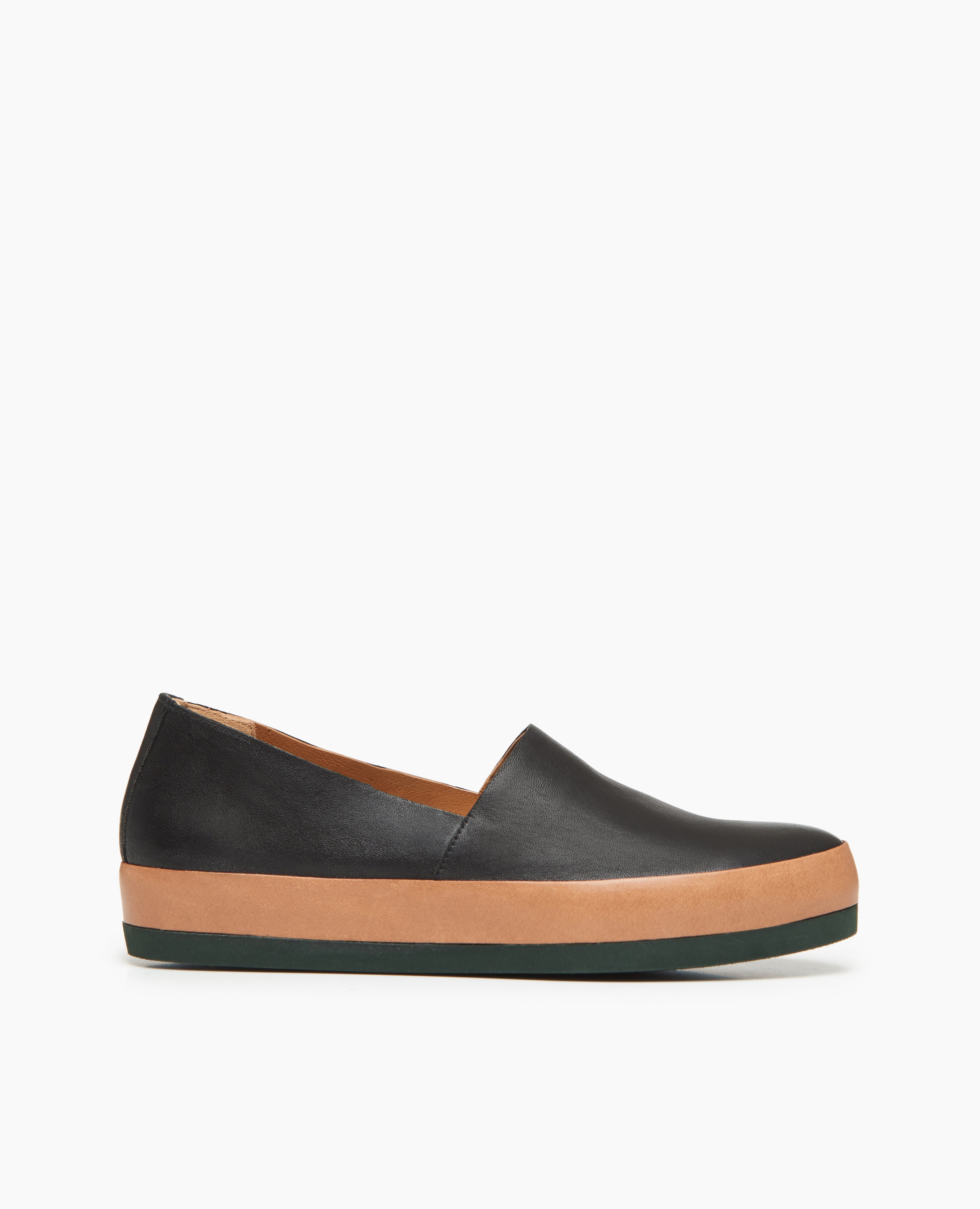Side view of Coclico Gentian Flat in Black leather: Closed toe slip-on flat with leather band and .5 inch rubber EVA sole.