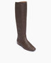 Angle view of the Coclico Haricot Boot in Espresso leather: a flat-heeled, knee-high boot with an inside zip closure and  seam detailing.  2