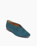 Coclico Harissa Flat in Bottle suede, a slip-on high vamped flat with a softly rounded toe, leather sole and a 10mm solid wood heel - angle view.  2