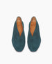 Top view of the Coclico Harissa Flat in Bottle suede, a slip-on high vamped flat with a softly rounded toe, leather sole and a 10mm solid wood heel.  3