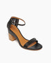 Coclico Iris Heel in Black leather: leather-wrapped demi-wedge, 3 thin straps across front of the foot, fan effect of straps cupping heel, walnut wood heel. 2