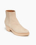 Coclico Kabuki Clog in Latte nubuck, angle view: a Cloclico clog with tapered, snipped toe, mid-height wood block platform.   2