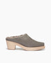 Coclico Kera Shearling Clog in Fog nubuck, side view: a slip-on mule with a mid-height wood block base, tapered toe, shearling lining.  1