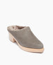 Coclico Kera Shearling Clog in Fog nubuck, a slip-on mule with a mid-height wood block base, tapered toe, shearling lining - angle view.  2