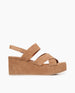 Side view of Coclico Lacine Wedge in Tobacco suede: Open crisscrossed toe strap sandal on a recycled cork wedge covered in suede leather, back strap, velcro closure.  1