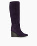 Side view of the Lloyd Boot in Amethyst Suede: featuring a dark stained, solid-wood, sculpted, and inset wedge. Partial inside-zip. 1