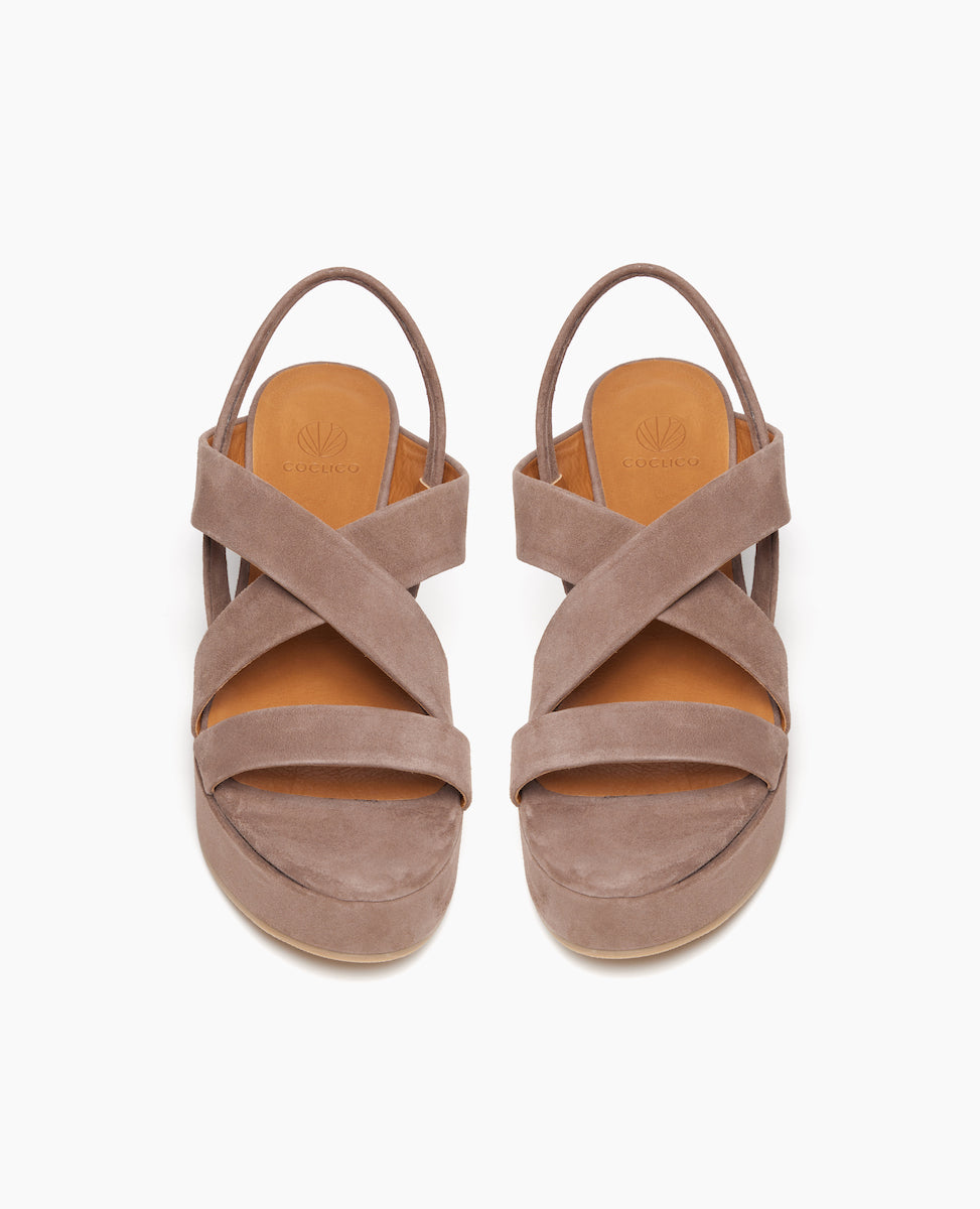 Top view of Coclico Lylo Wedge in Smoke suede: suede wrapped cork wedge, elasticated slingback strap, crisscrossed straps across foot.