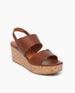 Coclico Massy Wedge in Caramello leather a classic solid cork wedge, two leather straps across foot, elasticated back strap - angle view.  2