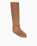Coclico Quest Boot in Tobacco Angled view of a sleek, split suede, to-the knee boot with a pointed toe, and a half-height inside zip closure with a 30MM hidden wedge inside that adds height and comfort.  3