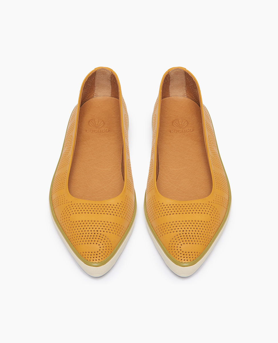 Top view of Coclico Usha Sneaker in Ambra Perfed leather: ballet flat inspired slip-on sneaker with a pointed toe, low profile rubber sole and pinhole rendering of Coclico's signature infinity arches. 