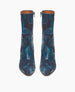 Front view of the Wakame Boot in Painter's Blue Split Suede: a sophisticated snip-point-toe boot with an arched wood heel.  Inside zip closure.  4