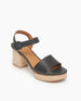 Coclico Riviera Clog in Deep Sea leather: quarter-strap, wide front band, buckle closure, with a solid wood platform to match the solid wood mid-height heel - angle view.  2