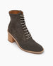 Coclico Bindi Boot in Anthracite suede, angle view: an elegantly casual boot with a 10 eyelet lace-up, inside zip closure and mid-height wood block heel.     2