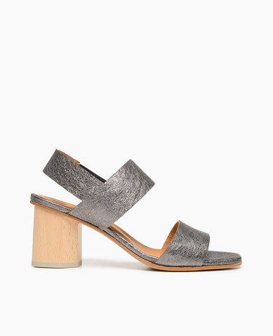 Coclico women's wooden block heel in a dark grey metallic leather. Coclico shoes are sustainably made in Spain.