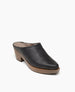 Angled view of the Coclico Kera Shearling Clog in Black Italian leather: features a tapered toe character and solid wood base with soft shearling for unmatched comfort and warmth. 2