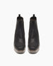 Top view of the Coclico Ruba Clog in Black leather,  a reimagined chelsea boot with stretch elastic gussets, leather pull tab, squared-off toe and a black solid wood block heel.  3
