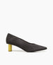 Wumo Heel in New Anthracite suede: a seasonless slip-on heel with a choked throat line, subtle stichwork and a scultped, oval shaped solid wood heel in washed chartreuse - side view.  1