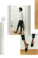 Collage with 2 images of woman modeling the Coclico Henri Flat in Black leather flat slide-on style with round toe and high-vamped scooped throat line. (1) Model standing (2) Close up of Henri Flat 4