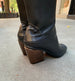 Coclico Kitten Boot in Deep Sea leather, close up of the ruched heel & 75mm solid wood block heel.  2