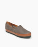 Angle view of Coclico Gentian Flat in Fog nubuck, a slip-on flat with a leather band and .5 inch rubber EVA sole. 3