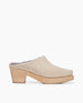 Coclico Kera Shearling Clog in Latte nubuck, side view: a slip-on mule with a mid-height wood block base, tapered toe, shearling lining.  1