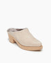 Angle view of the Coclico Kera Shearling Clog in Latte nubuck: a slip-on mule with a mid-height wood block base, tapered toe, shearling lining.  6